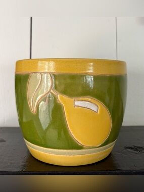 Vintage MCM Lemon Yellow and Green Ceramic Decorative Planter